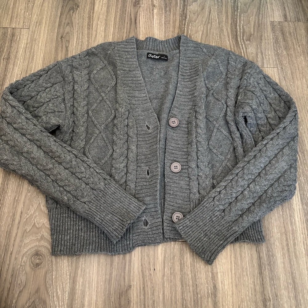 Gray Cable-Knit Button Cardigan